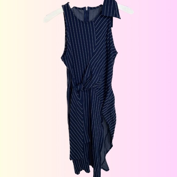 Striped Asymmetric Dress Leg Slit Shoulder Bow - Picture 1 of 4